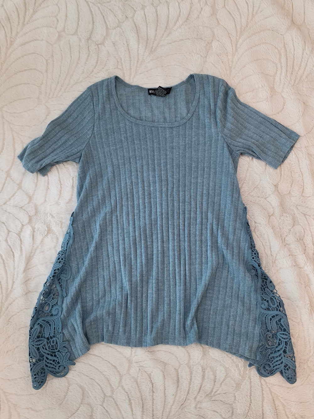 Slate Blue Ribbed Tunic with Lace Side Panels
